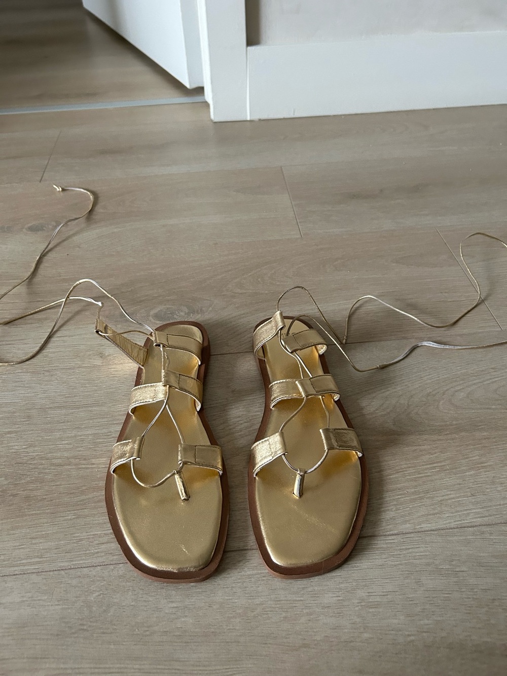 Gold Lace-Up Gladiator Sandals - Women- leather